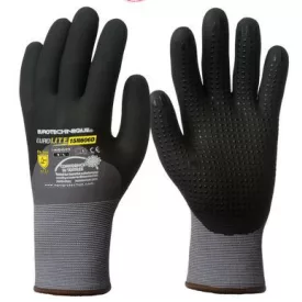   EUROLITE 1INTG 15N606D pettyezett munkavédelmi kesztyű erős szakítás- és kopásállóságú fekete nylon/spandex, tenyerén mikrohabosított nitrillel mártott, szellőző, gumírozott mandzsetta