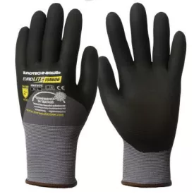   EUROLITE 1INTG 15N606 munkavédelmi kesztyű erős szakítás- és kopásállóságú fekete nylon/spandex, tenyerén mikrohabosított nitrillel mártott, szellőző, gumírozott mandzsetta