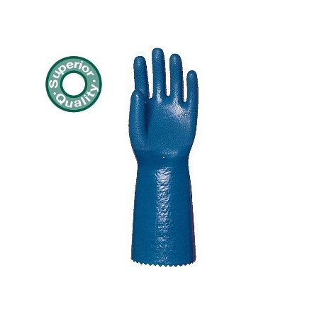 3770, Érdesített PVC védőkesztyű, 34 cm-es, kék, sav-, lúg-, olajálló 3768-70-es