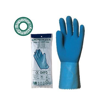 Pamut anyagra mártott kék latex csúszás elleni érdesített kézfejrész
sav-, lúg - és vegyszerálló munkavédelmi kesztyű (5219-5220)