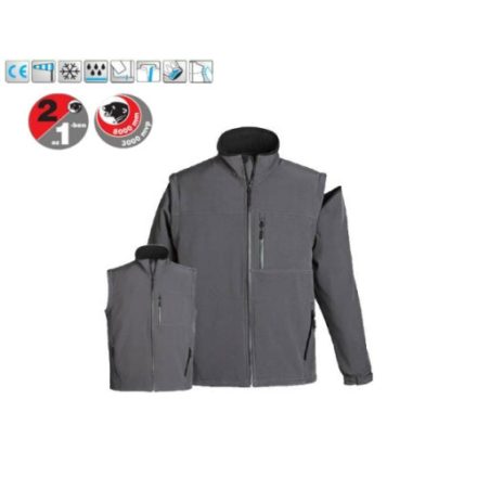 YANG 2/1 softshell cipzáras szürke kabát/mellény, három zseb, lélegző és vízhatlan, 310 g/m2