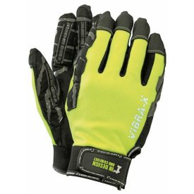   1st VIBRA-X Jólláthatósági munkavédelmi kesztyű, vízálló és lélegző membrán, bőr tenyér, rezgéselnyelő hab, csúszásgátló szilikon az ujjakon. Szintetikus bőr körömvédő, poliészter bélés. Neoprén mandzsetta tépőzárral. Műanyag akasztó méretjelzéssel.