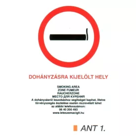   Dohányzásra kijelölt hely, 4 nyelvű, ANTSZ és Korm. rendelet alapján ant1