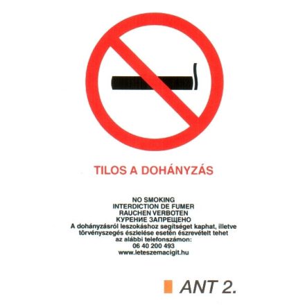 Dohányozni tilos matrica, 4 nyelvű, ANTSZ és Korm. rendelet alapján ant2