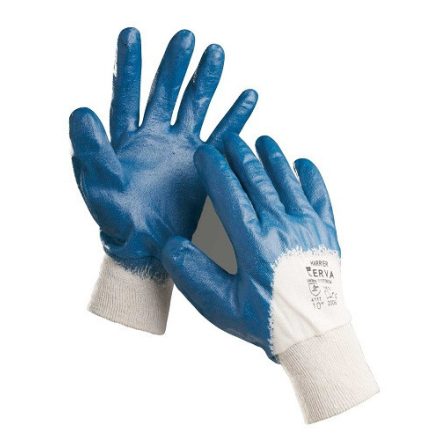 HARRIER Kötött pamutkelméből varrt, nitrilbe félig mártott kék munkavédelmi kesztyű rugalmas kötött mandzsettával.