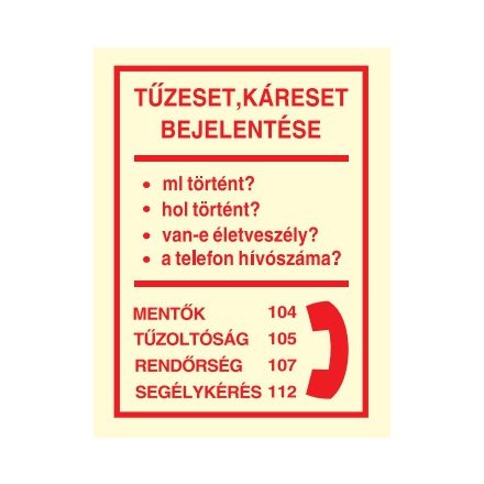 Tűz- és káreset bejelentése, után világítós tűzvédelmi öntapadós tábla